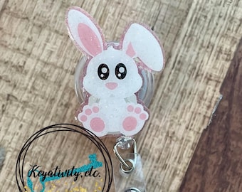 Easter Badge Reel • White Rabbit Floppy Ear Ears Easter Bunnies nurse RN hospital doctor office assistant receptionist • Ready to Ship