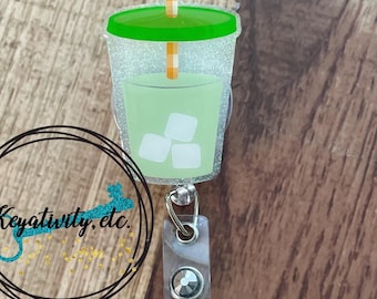 Green Drink Badge Reel • Green Milk Matcha Tea  Glitter ID Clip • Ready to Ship