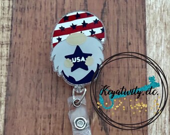 Gnome USA Badge Reel • Red White Blue 4th of July Fourth Stars and Stripes Glitter • Made to Order