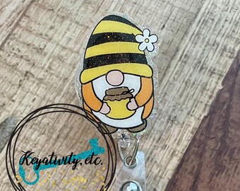 Gnome Badge Reel • Spring Bee Daisy Honey Pot Hat Cute Beard Glitter • Ready to Ship