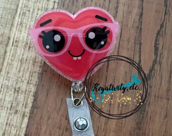 Quirky Heart with Glasses Badge Reel • Valentine’s Day Hearts Pink Nerdy Glittery Cute Love Nurse RN hospital doctor • Ready to Ship