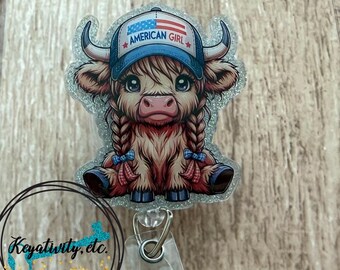Highland Cow Badge Reel • USA Stars Stripes Glitter Cowgirl RN Nurse Office Glitter ID Clip • Ready to Ship
