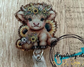 Highland Cow Badge Reel • Sunflowers Glitter Cowgirl RN Nurse Office Glitter ID Clip • Ready to Ship