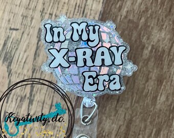 In my X-Ray Era Badge Reel • Mirror Ball Glittery Shimmer Silver Swiftie Glitter ID Clip • Ready to Ship