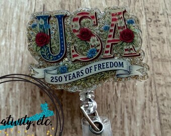 USA Badge Reel • 250 Years of Freedom Stars Stripes Patriotic Fireworks Fourth of July Independence Day Red White Blue • Ready to Ship
