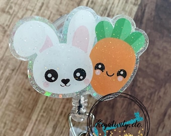 Easter Badge Reel • White Rabbit and Carrot Floppy Ear Bunny nurse RN hospital doctor office assistant receptionist • Ready to Ship