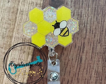 Honeycomb Badge Reel • Bee Bumble Yellow Honey Glitter • Ready to Ship