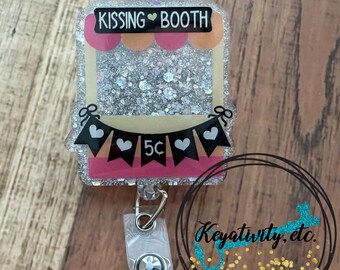 Kissing Booth Badge Reel • Valentine’s Day Lips Hearts Silver Glitter Banner nurse RN hospital doctor • Ready to Ship