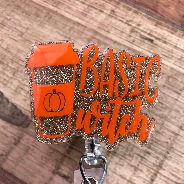 Basic Witch Coffee Badge Reel • Orange Gold Glitter Pumpkin Spice Basic Girl Need Coffee to Focus Cup • Ready to Ship