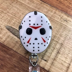 Hockey Mask Badge Reel • Made to Order • Jason Friday the 13th Scary Mask Spooky Horror Movie Black Glitter