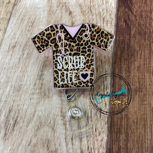 Leopard Scrub Life Badge Reel • Scrub Top cheetah print pink gold black glitter medical nurse RN hospital doctors office • Ready to Ship