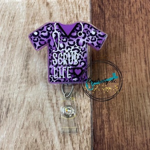 Leopard Scrub Life Badge Reel • Scrub Top cheetah print purple black glitter medical nurse RN hospital doctors office • Ready to Ship