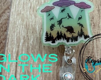 UFO Badge Reel • Funny Dinosaurs Glow in the Dark • Ready to Ship