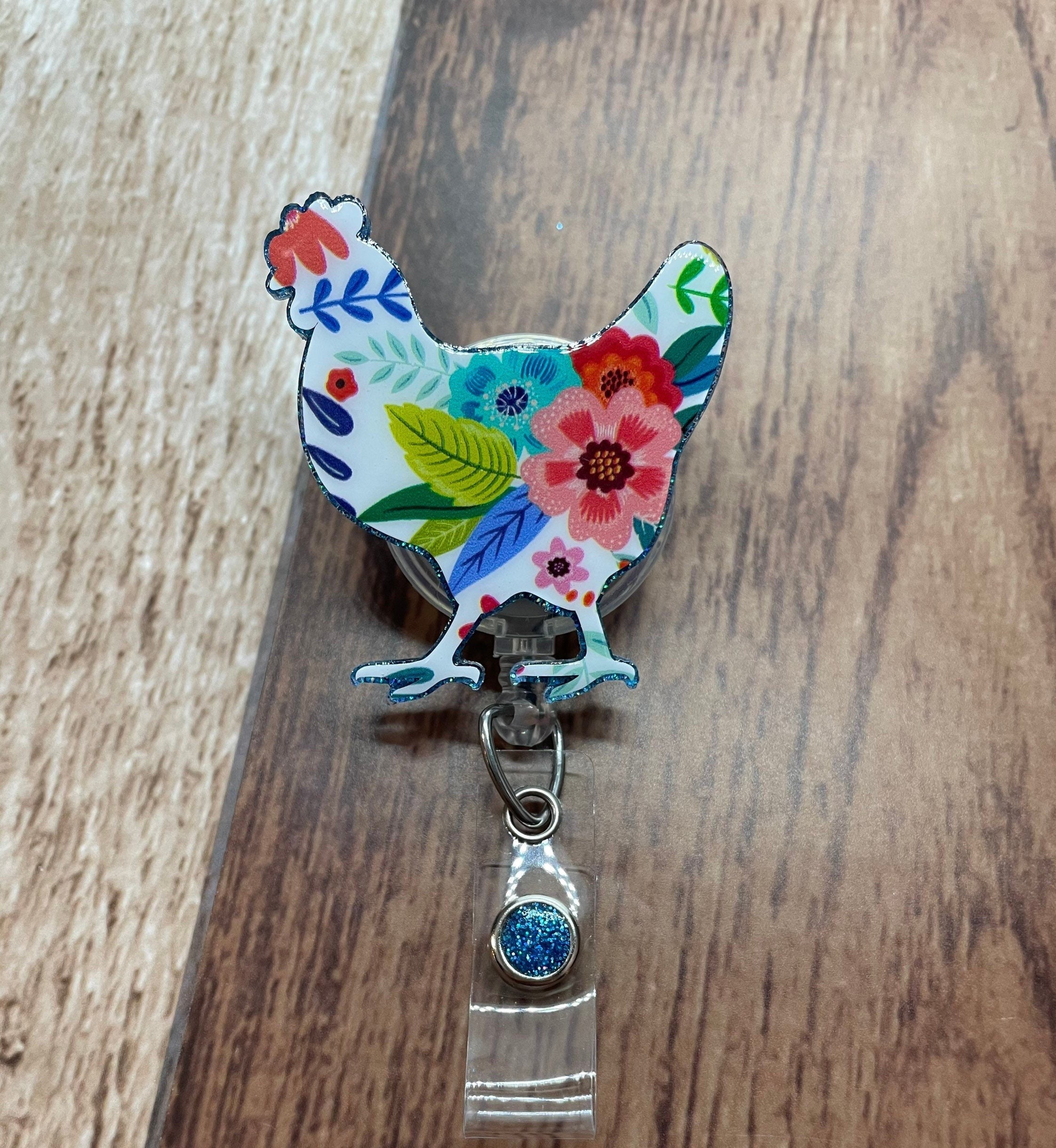 Chicken Badge Reel Pin Magnet Floral Blue Hen Glitter Sparkles Cute Pretty  Farm Life Farmer Crazy Chickens Lady Made to Order 