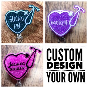 Heart stethoscope badge reel • nurse RN LPN hospital doctor medical glitter You pick your colors • Made to Order Custom Personalized