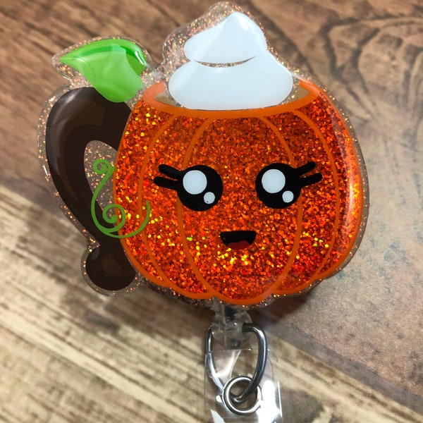 Pumpkin Coffee Badge Reel • Ready to Ship • Orange Spice Kawaii Cute Halloween Glitter Holographic