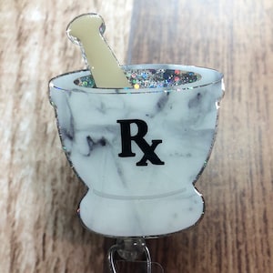 Mortar and Pestle Badge Reel • Pharmacist Pharmacy Tech Rx Prescription Silver Glitter Marble Cute gift • Made to Order