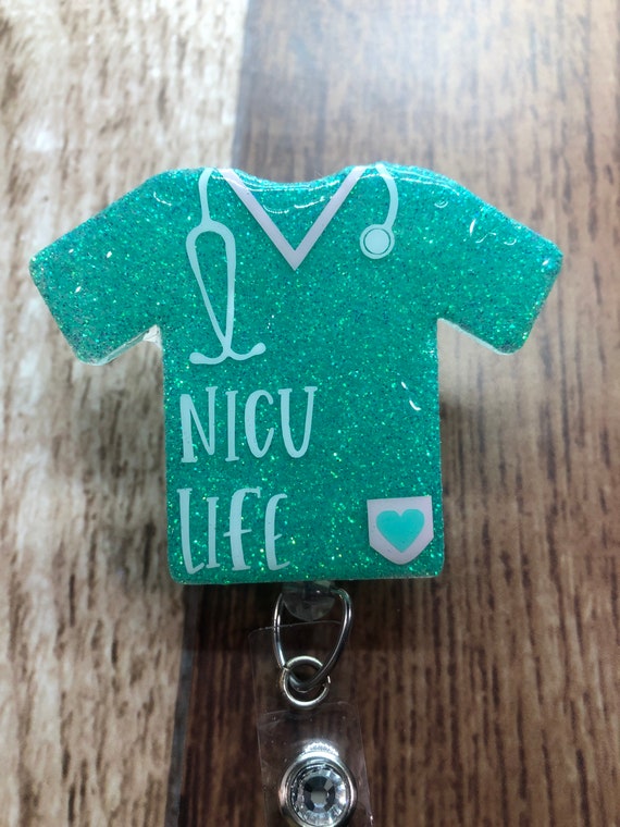 NICU Life Badge Reel mint Robins egg blue green glitter | Etsy