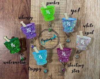 Mortar and Pestle Pharmacist Badge Reel • Pharmacy Tech Rx Prescription Pharm D gift present Cute Glitter • Made to Order Custom