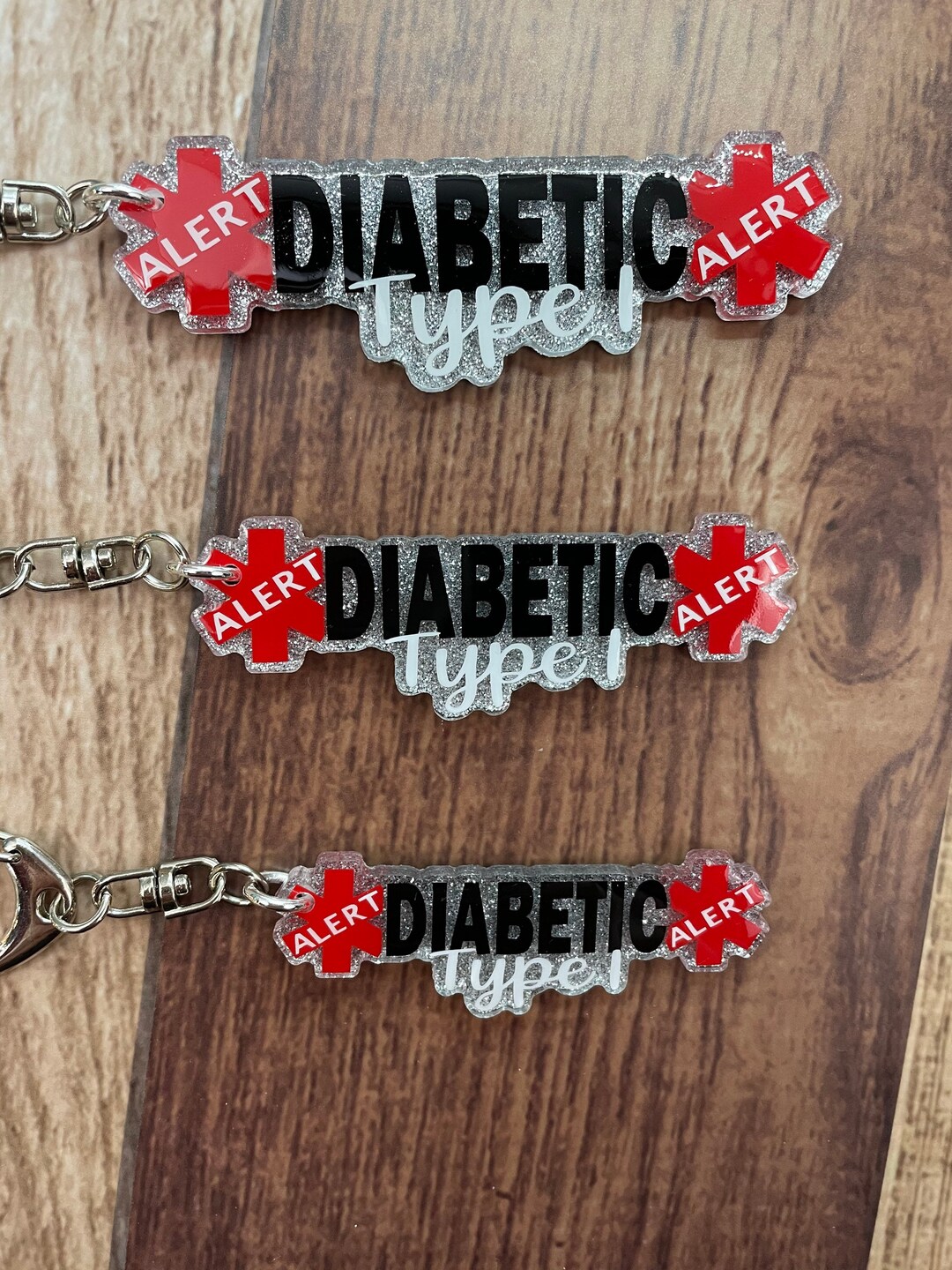 Diabetic Alert Tag Type 1 2 One or Two Diabetes Silver Glitter Red