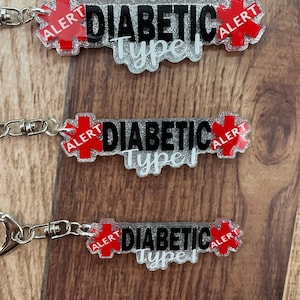 Diabetic Alert Tag • Type 1 2 One or Two Diabetes Silver Glitter Red White Black Bag Tag Keychain Key Chain • Made to Order