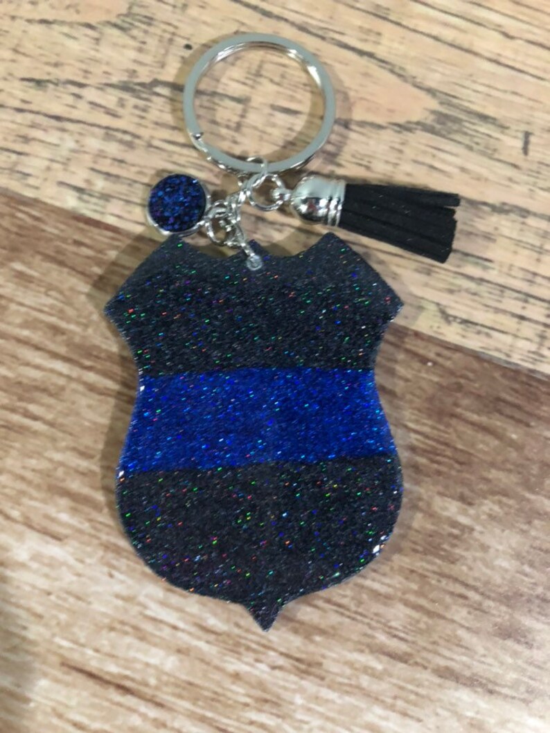 Back the Blue Police Officier badge wife family support blue line Glitter Tassel Keychain Key Chain Made to Order