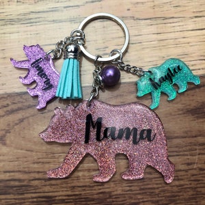 Glitter Mama Bear Keychain Baby Babies Cub Tassel Mother Baby Grandma Nana Granny Key Chain Personalized Made to Order