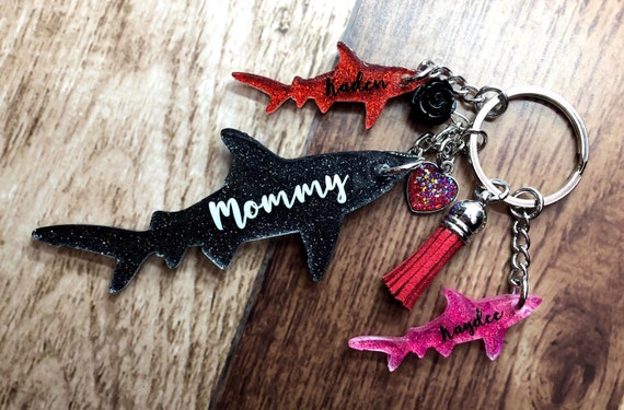 Mommy Baby Shark Sharks Mom Mama Glitter Tassel Keychain Key Chain