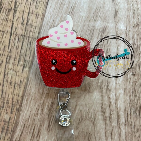 Cute Cappuccino Badge Reel • Hearts Foam Whip Valentines Day nurse RN hospital doctor love heart glitter pink red kawaii • Ready to Ship