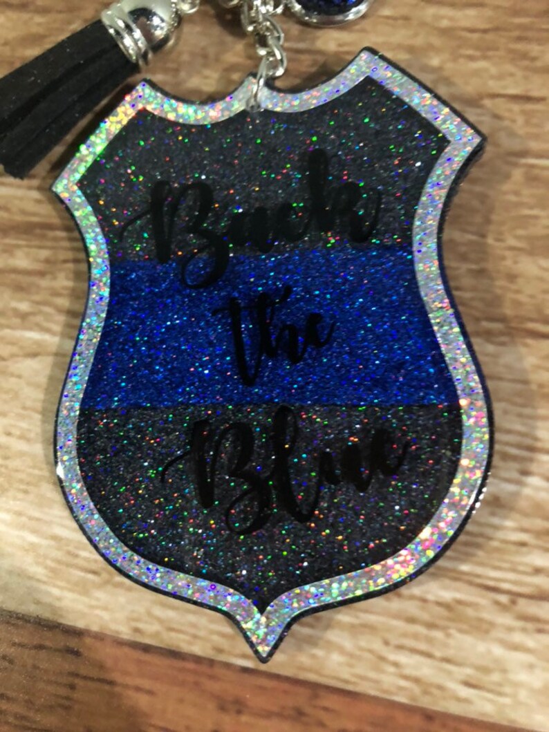 Back the Blue Police Officier badge wife family support blue line Glitter Tassel Keychain Key Chain Made to Order
