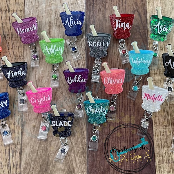 Mortar and Pestle Pharmacist Badge Reel • with Name Pharmacy Tech Rx Prescription CPhT Pharm D Gift  • Made to Order Personalized Custom