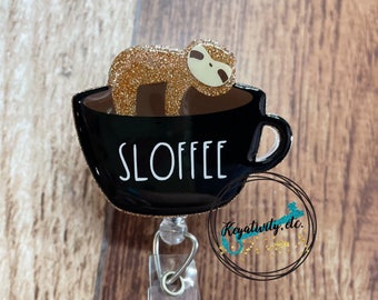Sloth Coffee Badge Reel • Champagne Glitter, Made to Order