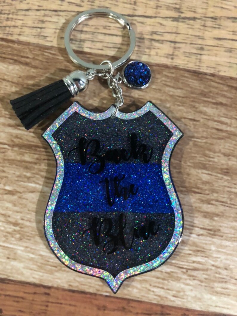 Back the Blue Police Officier badge wife family support blue line Glitter Tassel Keychain Key Chain Made to Order