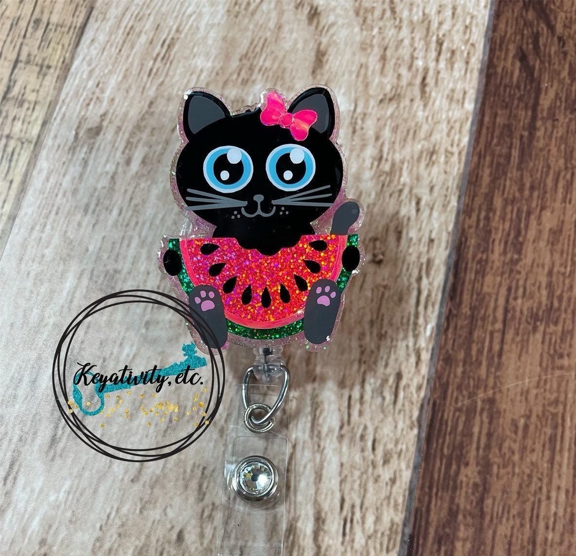 Cat Watermelon Badge Reel Eating Melon Summer Pink Seeds Black Kitty Kitten  Funny Glitter Shimmer Bright Ready to Ship 