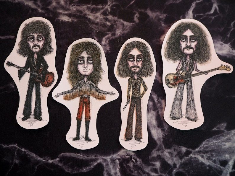May include: Four illustrated figures of musicians with long hair, wearing different outfits and holding musical instruments. The figures are drawn in black and white with some color accents.