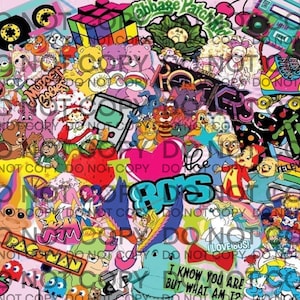 May include: A colourful collage featuring 1980s pop culture imagery. Includes characters and logos such as Care Bears, Pac-Man, and MTV. The design incorporates text, including "I love the 80s" and "Do the 80s", in a vibrant mix of colours.