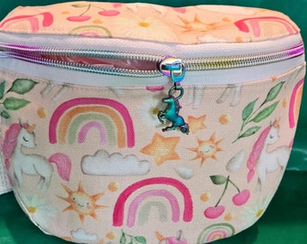 Fairy Tail Fanny Pack with Rainbow Unicorn Zipper Pull Rainbow Sun Clouds