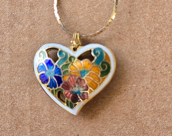 Vintage Heart Shape Cloisonné Enamel Pendant on 24" Chain