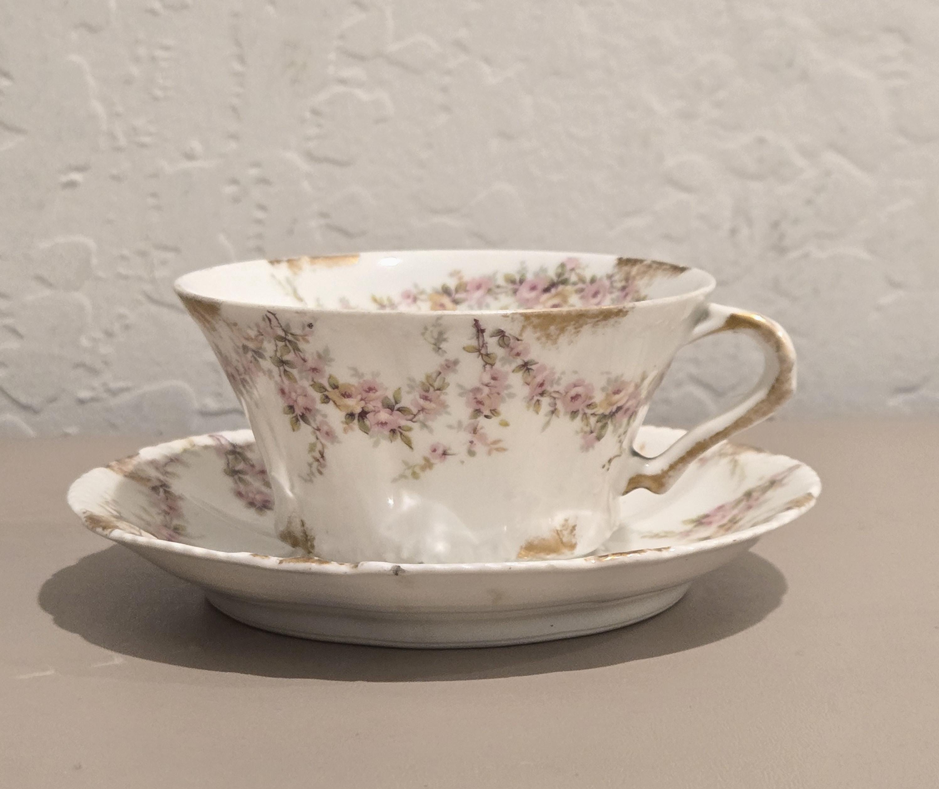 Theodore Haviland Cup & Saucer Gold Trim Pink Roses Limoges France