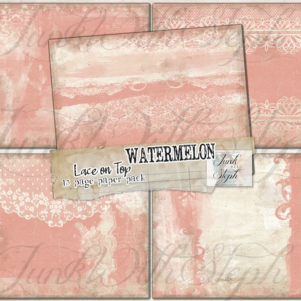 Watermelon - Lace on TOP, Paper Pack: 15 Page Color Textured Background Creamy Lace INSTANT download Printable Junk Journal Page Scrapbook