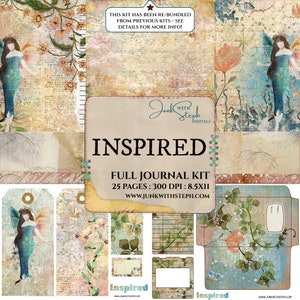Inspiriert - FULL JOURNAL KIT - Lebendige Mixed Media Schmetterling Mädchen Rosa Blau Blumen Worte Collage Vintage Texturierte Junk Journal Hintergrund Seite