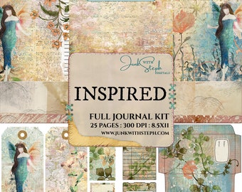 Inspired - FULL JOURNAL KIT -Vibrant Mixed Media Butterfly Girl Pink Blue Floral Words Collage Vintage Textured Junk Journal Background Page