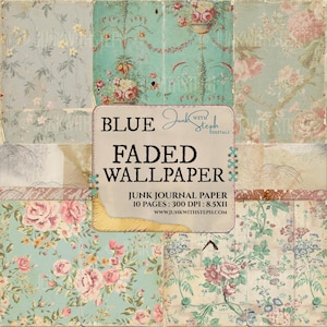 Paquete de papel tapiz desgastado: Damasco floral azul, estilo shabby chic, estilo vintage, para diario (descarga digital)