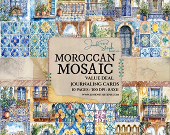 Moroccan Mosaic: Vintage Journaling Cards Vibrant Coastal Mediterranean Blue Tile Ephemera (Digital Download)