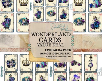 Wunderland Ephemera Kit: Alice im Wunderland Spielkarten, Komplettes Set + Zitaten, Tickets (Digitaler Download)