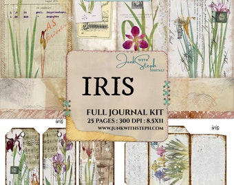 Iris - FULL JOURNAL KIT - Vintage Document Iris Flower Botanical Floral Text Script Lace Stamp Grunge Textured Junk Journal Background Page