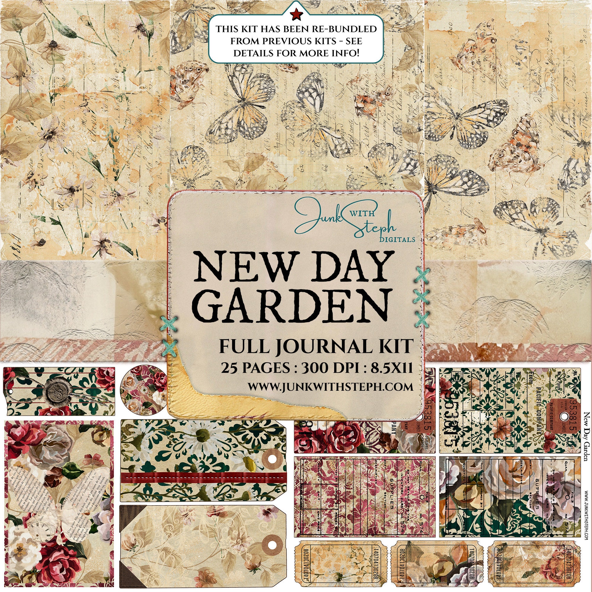 バーガンディフローラルジャンクジャーナルキット：ダマスク、蝶、花