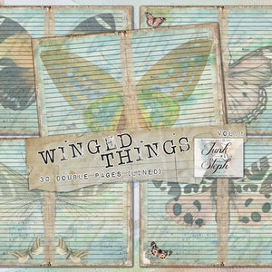 Winged Things v.1 - Paquet de 30 pages - Arrière-plan ligné Double papier papillon vintage Journal indésirable coloré rose bleu jaune vert