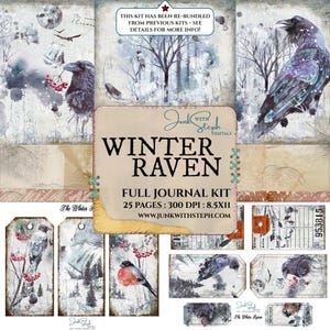Corbeau d'hiver - Kit complet de journal indésirable de 25 pages aquarelle Noël corbeau des neiges blanc bleu vacances XMAS arrière-plans de journal indésirable étiquettes éphémères