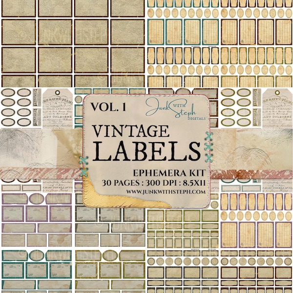 Vintage Labels - Vol. 1 with 30 pages, over 600 separate elements Blank labels specimen Tags Apothecary grunge Junk Journal Scrapbooking Etc